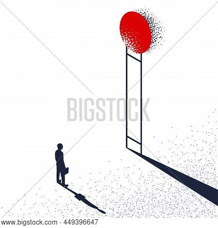 Businessman Stands In Front Of The Staircase Without Steps. Overcoming Concept. Ladder Through Wall.