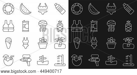 Set Line Beach Shower, Tropical Palm Tree, Pineapple, Swimsuit, Soda Can, Life Jacket, Rubber Swimmi