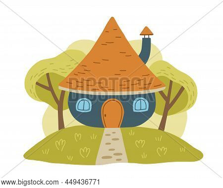 Fantasy Hobbit House In Hand Drawn Style With Trees. Home On A Hill And Road.