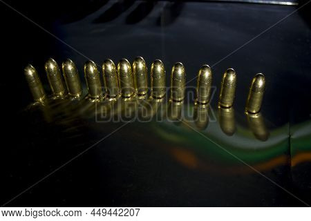 Bullets 9x19 Are On The Table, Photo From Above, Side And Macro.