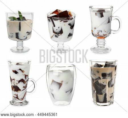Glasses Of Milk With Tasty Grass Jelly On White Background