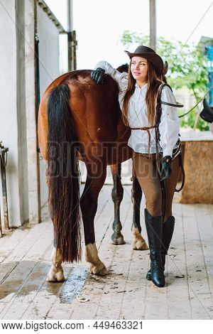 Vertical Attractive Horsewoman Cowgirl, Equestrienne, Hat, Breeches Lean On. Horse Back Riding. Anim