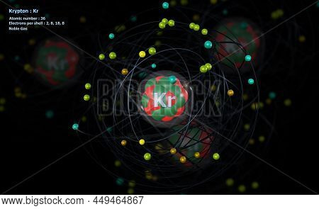 3d Illustration Of Atom Of Krypton With Detailed Core And Its 36 Electrons With Atoms In Background