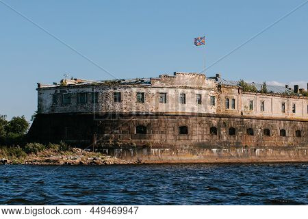View From The Water Of The Oldest Fort Kronshlot And The Lower Sash Lighthouse In The Waters Of The 
