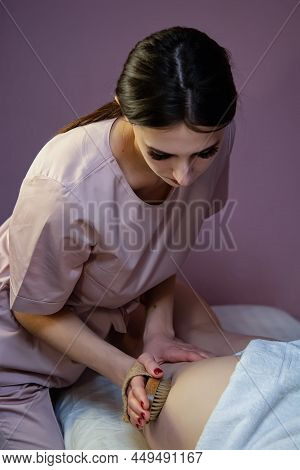 Exfoliation With A Natural Bristle Brush. Dry Brush Massage. Preparing The Skin For Epilation.