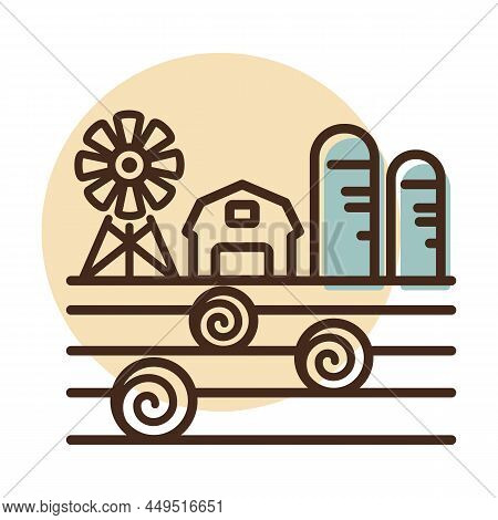 Farm Landscape With Barn, Windpump, Haystack And Granary Icon. Agriculture Sign. Graph Symbol For Yo