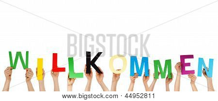 Ruce držící slovo Willkommen