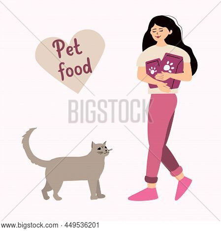 Female Character Caring For A Pet. A Woman Holds A Caf On A Leash And Holds Cat Food Or Pets In Her 