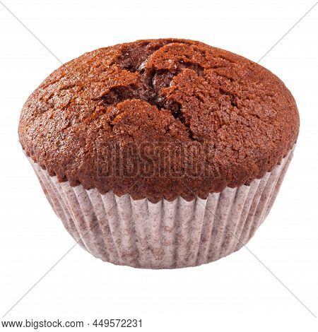 Chocolate Muffin In Paper Baking Cup Isolated On White Background