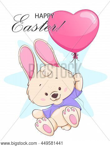 Happy Easter Greeting Card. Cute Bunny Cartoon Character Flying On Balloon In A Shape Of A Heart. Fu