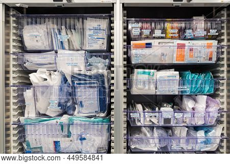 Auderghem, Brussels / Belgium - 02 18 2019: Trays With Medicins, Needles, Bandages And Surgical Inst
