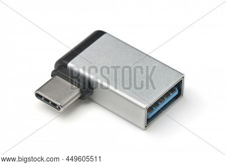 Silver USB type C to USB OTG angle adapter isolated on white