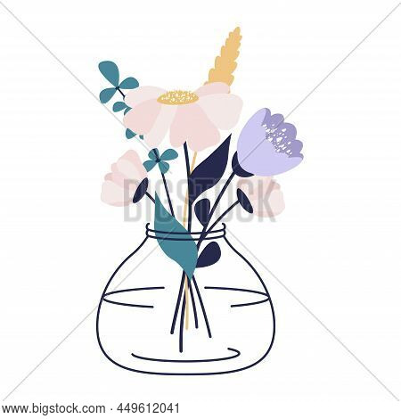 Bouquet Of Beautiful Meadow And Garden Flowers, Wildflowers, Herbal Plants, Blooms In Vase Isolated.