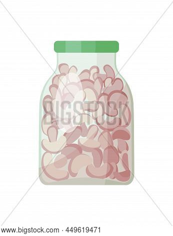 Jar Preserved Vegetables. Can Of Pickled Mushroom. Cartoon Canned Food In Glass. Grocery Conserve Co