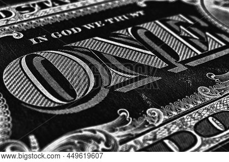 American Paper Money. 1 Us Dollar Bill. Word One Close-up. Dark Inverted Wallpaper. Black And White 