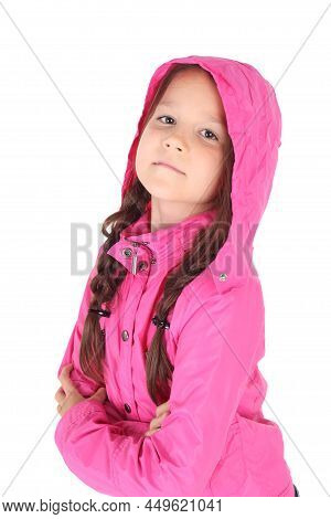 Pretty Little Child In The Pink Jacket On White Background