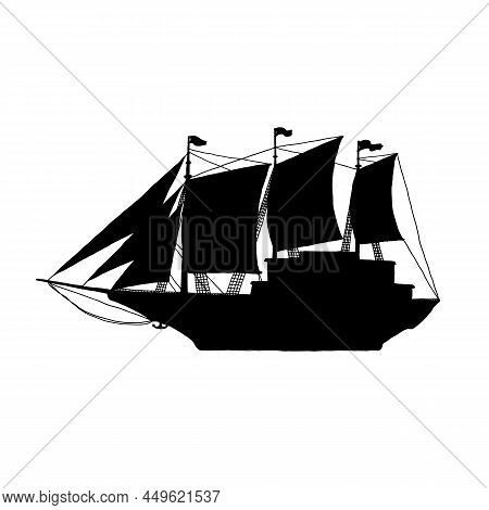 Silhouette Sailboat. Modern Ship With Sails Black Outline Isolated Illustration.