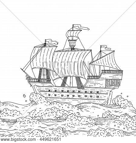 Old Sailboat On The Sea Waves. Ship With Sails Doodle Black White Line Sketch Isolated Illustration.