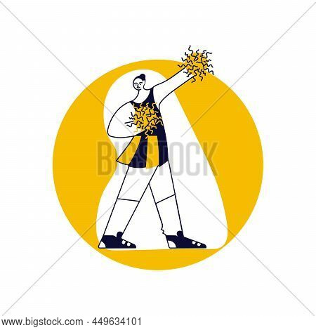 Round Template With Cheerleader Girl. Sportsman In Modern Outline