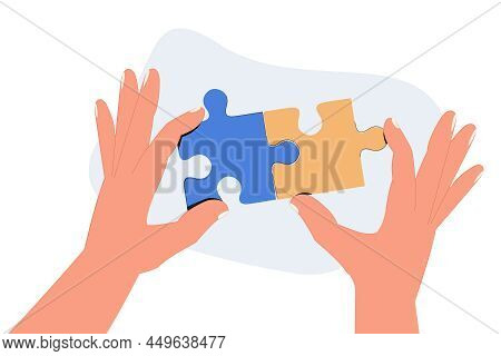 Hands Assembling Together Jigsaw Puzzle Pieces. Business And Corporate Communication Between Coworke