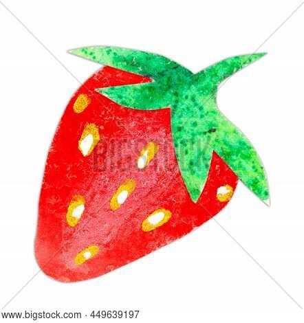 Hand-drawn Watercolor Papercut Single Red Strawberry. Cute Kawaii Kidcore Style Illustration, Good F