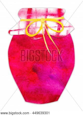 Hand-drawn Watercolor Homemade Red Berry Jam. Cute Kawaii Kidcore Papercut Style Illustration, Good 