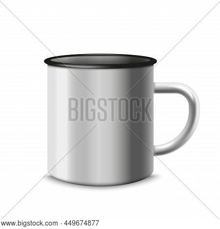 Realistic Enamel Mug Mockup, 3d Vector Illustration Isolated On White Background.