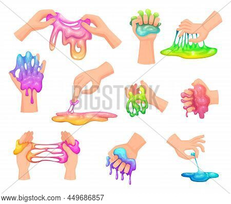Liquid Slime. Handy Glue Games Squeeze Colored Toys In Hands Exact Vector Slimes Illustrations