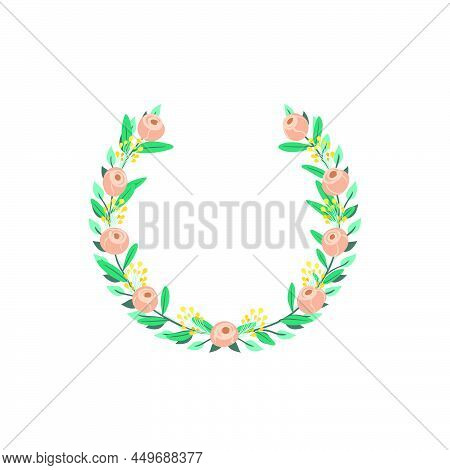 Roses, Solidaster And Ruscus Flower Wreath. Green Decorative Ivy. Spring Floral Vintage Round Frames