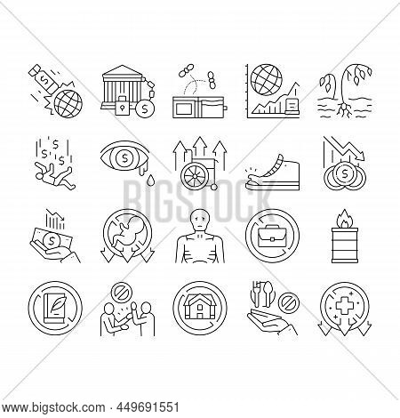 Poverty Destitution Collection Icons Set Vector. Lost Job And House, Miscarriage And Illness, Hunger