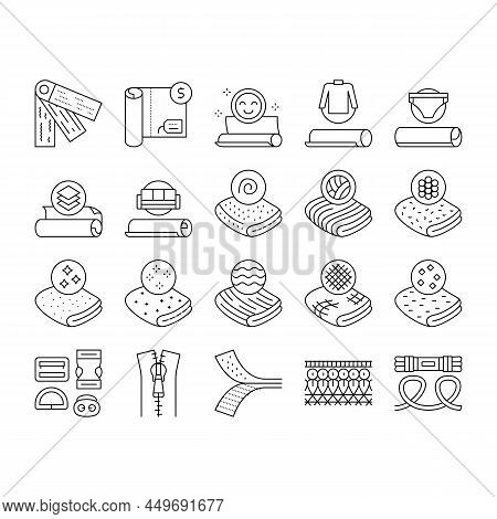 Drapery Shop Sale Collection Icons Set Vector. Felt And Velvet, Acrylic And Atlas, Silk And Satin, L