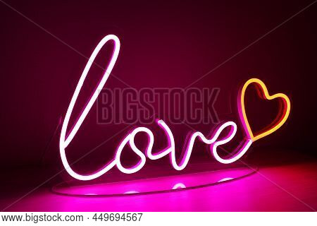 Pink And Red Neon Heart With The Inscription Love. Valentine Day. Neon Sign. Custom Neon. Home Decor