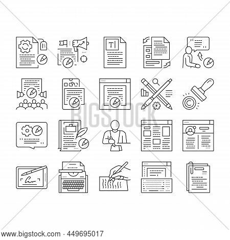 Copywriting Content Strategy Icons Set Vector. Online Copywriting And Public Relations, Typewriter O