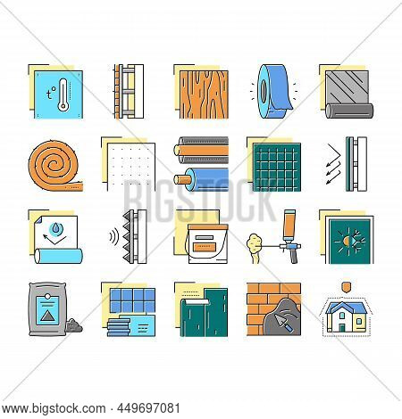 Insulation Building Collection Icons Set Vector. Insulation Roll Material And Wooden Plywood, Waterp