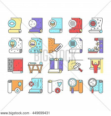 Wallpaper Interior Collection Icons Set Vector. Waterproof And Paper, Vinyl And Non-woven, Textile A
