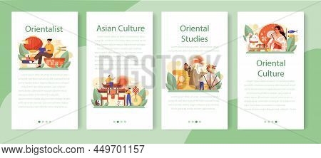 Orientalist Mobile Application Banner Set. Professional Scientist Researching