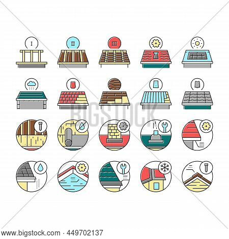Roof Replacement Job Collection Icons Set Vector. Metal And Wooden Roof Replacement, Installation So