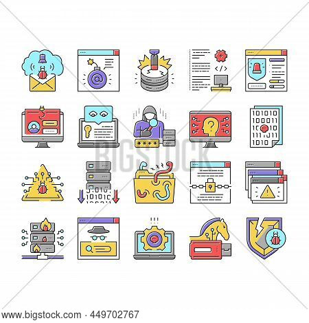 Cyber Security System Technology Icons Set Vector. Cyber Security Software And Application, Padlock 