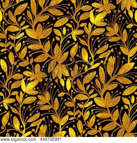 Gold Embroidery With Aflowers And Leaves. Seamless Pattern. Hand-drawn Illustration.