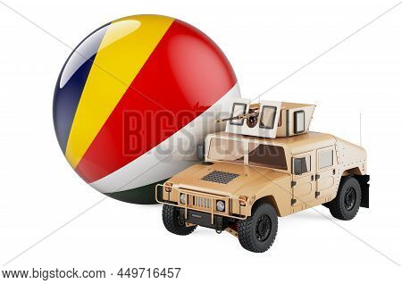 Military Truck With Seychelloise Flag. Combat Defense Of Seychelles, Concept. 3d Rendering Isolated 