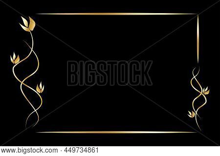 Golden Vintage Frame On Black Background. Simple Line Style. Dark Black Banner Illustration. Vector 