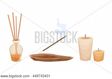 Aroma Stick On Wooden Incense Burner With Smoke, Candles, Joss In Cartoon Style Isolated On White Ba