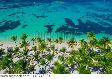 Aerial View Of Tropical Island Beach. Punta Cana, Dominican Republic