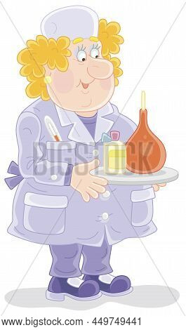 Medical Assistant Of A Doctor With A Rubber Syringe And A Drug For Procedure, Vector Cartoon Illustr