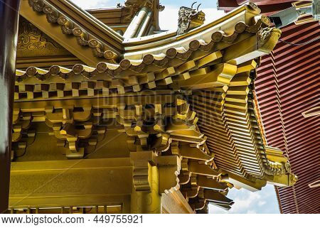 Golden Gable Roof Architecture Of Taiwanese Temple-style At Fo Guang San Temple. Selective Focus.