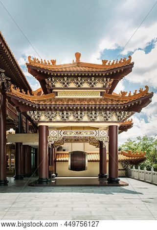 Chinese Architecture Pavilion With Red Pillars Used For Keep A Big Traditiona Drum At Fo Guang San T