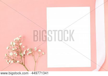 Wedding Invitation Or Greeting Card Mockup. Blank White Card 5x7 With Flower And Ribbon.