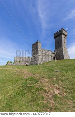 View From Beneath Up To The Well Preserved Radicofani Fortification Construction, Tuscany, Italy (ve