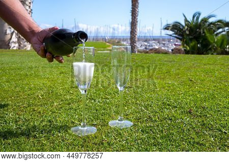 Celebration Of Championship With Glasses Of Champagne Bubbles Wine On Green Lawn Of Golf Club