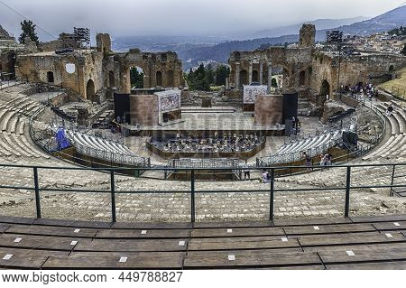 Taormina, Italy - August 11, 2021: Scenic View Inside The Ancient Theatre Of Taormina, Sicily, Italy